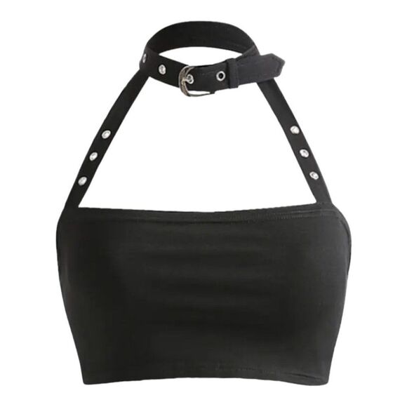 Black Cut Out Silver Buckle Collar Halter Crop Top NEW - Picture 2 of 4